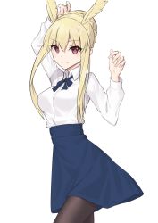 Rule 34 | 1girl, artoria pendragon (all), artoria pendragon (fate), black pantyhose, blonde hair, blouse, blue skirt, blush, braid, breasts, collared shirt, elfenlied22, fate/grand order, fate (series), french braid, hair bun, head wings, highres, large breasts, long hair, long sleeves, looking at viewer, pantyhose, red eyes, saber (fate), shirt, simple background, single hair bun, skirt, smile, thighs, thrud (fate), valkyrie (fate), white background, white shirt, wings