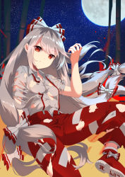 Rule 34 | &gt;:(, 1girl, ambasa, bamboo, bare arms, bow, breasts, closed mouth, collared shirt, fire, footwear bow, fujiwara no mokou, grey hair, grey shirt, hair bow, hand in pocket, hand up, highres, long hair, looking at viewer, low-tied long hair, moon, night, night sky, no bra, ofuda, ofuda on clothes, outdoors, panties, pants, pocket, red eyes, red footwear, red pants, shirt, shoe soles, shoes, short sleeves, sky, small breasts, solo, star (sky), starry sky, suspenders, torn clothes, torn panties, torn shirt, torn sleeves, touhou, underwear, v-shaped eyebrows, very long hair, wing collar