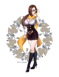 Rule 34 | 1girl, boots, breasts, brown eyes, brown hair, cleavage, curvy, fire emblem, fire emblem: three houses, fire emblem fates, flower, garreg mach monastery uniform, hair over one eye, high heel boots, high heels, kagero (fire emblem), large breasts, lips, long hair, nintendo, rein creamsoda, ribbon, scarf, solo, water, white background, white ribbon, yellow scarf