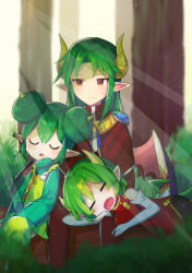 Rule 34 | 1boy, 2girls, china dress, chinese clothes, day, draco centauros, dragon girl, dragon horns, dragon tail, dragon wings, dress, elbow gloves, closed eyes, fang, gloves, green hair, highres, horns, lap pillow, lidelle (puyopuyo), long hair, multiple girls, offbeat, open mouth, outdoors, pointy ears, puyopuyo, red dress, red eyes, satan (puyopuyo), short hair, sleeping, sweatdrop, tail, white gloves, wings