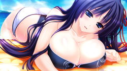 Rule 34 | 1girl, amasaka takashi, ass, bikini, blue eyes, blush, breast rest, breasts, cleavage, game cg, huge breasts, long hair, looking at viewer, lying, ocean, on stomach, purple hair, sky, smile, solo, sweat, swimsuit, toujou amane, unionism quartet, water