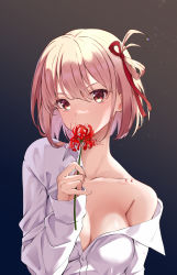 Rule 34 | 1girl, backlighting, blonde hair, breasts, cleavage, collarbone, commentary request, dark background, flower, flower tattoo, hair ribbon, hand up, highres, holding, holding flower, light particles, long sleeves, lycoris recoil, medium breasts, nishikigi chisato, off shoulder, one side up, parted lips, red eyes, red ribbon, ribbon, shirt, short hair, single bare shoulder, solo, spider lily, tattoo, tiara (871220), upper body, white shirt