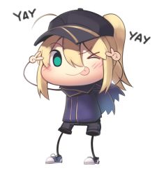 Rule 34 | &gt; o, 1girl, :p, ahoge, artoria pendragon (fate), baseball cap, black hat, black shorts, blonde hair, blue footwear, blush, boa (brianoa), chibi, double v, fate/grand order, fate (series), green eyes, hair between eyes, hands up, hat, highres, jacket, looking at viewer, mysterious heroine x (fate), one eye closed, ponytail, purple jacket, purple scarf, scarf, shoes, shorts, sidelocks, simple background, smile, solo, standing, tongue, tongue out, v, v over eye, white background