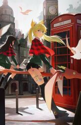 Rule 34 | 2girls, bird, black hair, black socks, blonde hair, blue eyes, bollard, boots, building, burn the witch, cape, capelet, dragon, flying, green jacket, green skirt, high heel boots, high heels, highres, jacket, long hair, looking to the side, multiple girls, niihashi noel, ninny spangcole, outdoors, phone booth, plaid capelet, red cape, red capelet, road, short shorts, shorts, sidelocks, skirt, sky, socks, street, thigh strap, thighhighs, twintails, zzz zhi he