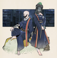 Rule 34 | 1boy, 1girl, bald, barefoot, beard, blue robe, book, commentary, denny626, elden ring, facial hair, feet, holding, holding book, library, mask, robe, rock, sitting, sorcerer thops, sorceress sellen, standing, toes, white background