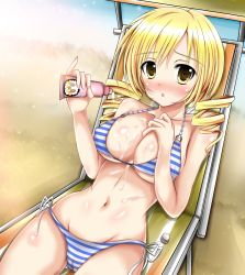 Rule 34 | 10s, 1girl, :o, andrew (duel angel), beach, beach chair, bikini, blonde hair, blush, body blush, breasts, chair, charlotte (madoka magica), collarbone, day, drill hair, halterneck, hand on own chest, highres, large breasts, looking at viewer, lotion, lounge chair, mahou shoujo madoka magica, mahou shoujo madoka magica (anime), navel, outdoors, pinky out, sexually suggestive, side-tie bikini bottom, sitting, solo, striped bikini, striped clothes, suggestive fluid, sunscreen, swimsuit, tomoe mami, twin drills, twintails, underboob, water, yellow eyes