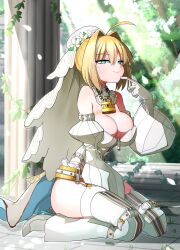 Rule 34 | 1girl, absurdres, ahoge, akitokage, bare shoulders, belt, blonde hair, blush, breasts, chain, cleavage, detached collar, detached sleeves, elbow gloves, fate/extra, fate/extra ccc, fate/grand order, fate (series), flower wreath, full-length zipper, gloves, green eyes, hair between eyes, hair intakes, head wreath, high heels, highleg, highleg leotard, highres, large breasts, leotard, light rays, lock, long hair, looking at viewer, loose belt, nero claudius (bride) (fate), nero claudius (bride) (second ascension) (fate), nero claudius (fate), nero claudius (fate) (all), padlock, petals, pillar, puffy sleeves, sitting, smile, solo, thighhighs, tree, veil, wariza, white gloves, white leotard, white thighhighs, wide sleeves, zipper, zipper pull tab