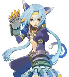 Rule 34 | 1girl, animal ears, blue hair, breasts, cat ears, cat tail, claws, enami katsumi, fang, fangs, flat chest, foreshortening, meracle chamlotte, o-ring, official art, small breasts, solo, star ocean, star ocean the last hope, tail, weapon