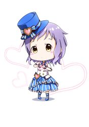 Rule 34 | 1girl, absurdres, aoi thomas, bad id, bad pixiv id, blue bow, blue footwear, blue hat, blue ribbon, blue skirt, blush stickers, bow, chibi, closed mouth, collar, commentary request, detached collar, frilled skirt, frills, hat, hat bow, heart, heart background, heart hands, highres, idolmaster, idolmaster million live!, layered skirt, leg ribbon, looking at viewer, makabe mizuki, mini hat, mini top hat, pigeon-toed, puffy short sleeves, puffy sleeves, purple hair, ribbon, shirt, shoes, short sleeves, skirt, solo, striped bow, striped clothes, striped skirt, top hat, vertical-striped clothes, vertical-striped skirt, white background, white collar, white shirt, wing collar, wrist cuffs, yellow eyes
