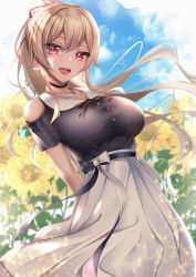 Rule 34 | 1girl, :d, absurdres, arms behind back, black shirt, blonde hair, blouse, blue sky, breasts, choker, cloud, collarbone, commentary request, day, earrings, flower, furen e lustario, hair ribbon, highres, jewelry, large breasts, long hair, long skirt, necklace, nijisanji, open mouth, outdoors, rai (newtype xm-x1), red eyes, ribbon, shirt, short sleeves, skirt, sky, smile, solo, sunflower, upper body, virtual youtuber, white skirt