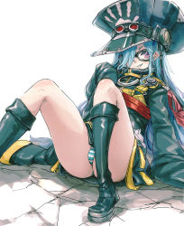 Rule 34 | 1girl, bad id, bad tumblr id, bee (deadflow), black coat, black footwear, blue hair, blue panties, boots, cameltoe, character request, coat, copyright request, goggles, grin, hair over one eye, hand up, hands in opposite sleeves, hat, highres, knee boots, knees up, large hat, long hair, looking at viewer, military, military uniform, panties, parted lips, peaked cap, purple eyes, sitting, smile, solo, spread legs, striped clothes, striped panties, thighs, underwear, uniform