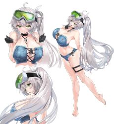 Rule 34 | 1girl, absurdres, ahoge, bikini, blue bikini, breasts, cameltoe, cleavage, commission, cross-laced bikini, cross-laced clothes, denim bikini, eyepatch bikini, full body, green eyes, grey hair, hair ornament, highres, indie virtual youtuber, kiyama satoshi, large breasts, long hair, looking at viewer, lotion, multiple views, no shoes, rimuchi (vtuber), side ponytail, skeb commission, smile, solo, standing, swimsuit, thigh strap, toes, tongue, tongue out, virtual youtuber