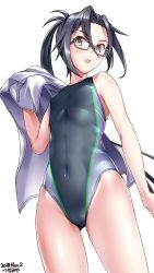 Rule 34 | 1girl, amagiri (kancolle), artist name, asymmetrical bangs, black hair, black one-piece swimsuit, collarbone, commentary request, competition swimsuit, covered navel, cowboy shot, dated, dress shirt, flat chest, glasses, grey eyes, hair between eyes, highres, kantai collection, long hair, looking at viewer, one-piece swimsuit, ponytail, shirt, unworn shirt, simple background, solo, standing, swimsuit, tsuchimiya, very long hair, white background