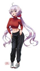 Rule 34 | 1girl, absurdres, ahoge, alternate costume, artist name, black pants, blush, breasts, carlo montie, casual, contrapposto, crop top, full body, hair ornament, hair scrunchie, hands on own hips, highres, large breasts, light purple hair, long hair, long sleeves, looking at viewer, low twintails, midriff, navel, open mouth, pants, purple eyes, red scrunchie, red shirt, red sweater, scrunchie, senki zesshou symphogear, shirt, shoes, signature, simple background, sneakers, solo, standing, stomach, sweater, sweatpants, taut clothes, taut shirt, turtleneck, turtleneck sweater, twintails, very long hair, white background, yukine chris