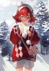 Rule 34 | 1girl, :o, blue eyes, brown bag, cloud, cowboy shot, gundam, gundam suisei no majo, hair between eyes, hat, highres, laun 000, looking at viewer, open mouth, outdoors, pink hat, red hair, red sweater vest, shirt, short hair, shorts, sky, snow, solo, suletta mercury, sweater vest, thick eyebrows, tree, white shirt, white shorts, winter
