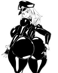 Rule 34 | 1girl, ass, ass grab, bodysuit, boku no hero academia, breasts, curvy, from behind, grabbing own ass, hat, highres, huge ass, huge breasts, long hair, looking at viewer, looking back, monochrome, sideboob, skin tight, smile, solo, thecon, thick thighs, thighs, utsushimi kemii, white background, wide hips