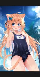 Rule 34 | 1girl, :d, ahoge, animal ear fluff, animal ears, bare arms, bare shoulders, black one-piece swimsuit, blonde hair, blue eyes, blue sky, blush, breasts, butterfly hair ornament, cat ears, cat girl, cat tail, cloud, collarbone, commentary request, covered navel, day, fang, hair between eyes, hair ornament, hands up, holding, kujou danbo, long hair, looking at viewer, moneko-chan, nail polish, old school swimsuit, one-piece swimsuit, open mouth, original, outdoors, palm tree, pink nails, school swimsuit, sky, small breasts, smile, solo, swimsuit, tail, tail under clothes, tree, very long hair, water drop