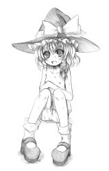 Rule 34 | 1girl, blush, braid, female focus, flat chest, greyscale, hat, kirisame marisa, kurona, monochrome, nipples, open mouth, simple background, sitting, solo, topless, touhou, white background, witch hat