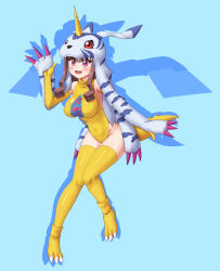 Rule 34 | 1girl, alternate breast size, artist request, blush, breasts, brown hair, cosplay, curvy, digimon, digimon ghost game, female focus, full body, gabumon, gabumon (cosplay), happy, highleg, highleg leotard, highres, large breasts, leotard, long hair, pink eyes, shiny skin, smile, solo, tsukiyono ruli, very long hair, yellow leotard