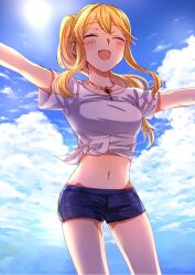 Rule 34 | 1girl, blonde hair, blue shorts, blue sky, blush, breasts, clarice (idolmaster), closed eyes, cloud, collarbone, day, idolmaster, idolmaster cinderella girls, idolmaster cinderella girls starlight stage, jewelry, long hair, medium breasts, midriff, namiko817, navel, necklace, open mouth, outdoors, outstretched arms, shirt, short sleeves, shorts, sidelocks, sky, smile, solo, standing, sun, tied shirt, white shirt