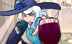 Rule 34 | 1girl, alcohol, aqua gloves, blue flower, blue gloves, blue hat, blue nails, blue rose, blue shirt, blurry, blurry background, centurii-chan (artist), closed mouth, collared shirt, colored eyelashes, commentary, cup, drinking glass, english commentary, english text, flower, gloves, hat, humanization, jacket, long sleeves, looking at viewer, original, rapier-chan (centurii), rose, shirt, single glove, single sidelock, solo, white hair, wide brim, wine, wine glass