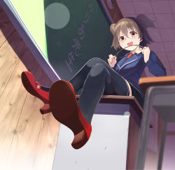 Rule 34 | 10s, 1girl, :d, akagi miria, bespectacled, black thighhighs, blush, brown eyes, brown hair, chalkboard, crossed legs, desk, foreshortening, furukawa itsuse, glasses, high heels, highres, idolmaster, idolmaster cinderella girls, long sleeves, looking at viewer, open mouth, outstretched leg, pointer, pumps, school desk, short hair, sitting, smile, solo, text focus, thighhighs, translation request, twintails, two side up