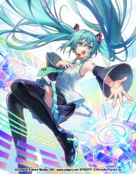 Rule 34 | 1girl, alice fiction, aqua eyes, aqua hair, aqua nails, aqua necktie, black skirt, black sleeves, boots, detached sleeves, floating hair, hair between eyes, hair ornament, hatsune miku, kyusoukyu, long hair, miniskirt, necktie, official art, open hand, open mouth, outstretched hand, skirt, thigh boots, twintails, very long hair, vocaloid
