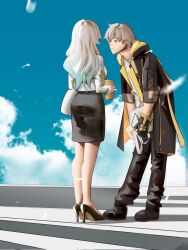 1boy 1girl aqua_hair black_coat black_footwear black_gloves black_pants black_skirt blue_sky caelus_(honkai:_star_rail) cloud coat day firefly_(honkai:_star_rail) gloves gradient_hair grey_hair high_heels honkai:_star_rail honkai_(series) leaning_forward long_hair multicolored_hair notgustiarp pants shirt skirt sky smile trailblazer_(honkai:_star_rail) very_long_hair white_shirt