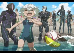 Rule 34 | 6+boys, 6+girls, :d, bad id, bad twitter id, beach, black bodysuit, blue bodysuit, blue sky, bodysuit, bondrewd, breasts, closed eyes, cloud, contemporary, covered navel, dated, day, diving suit, green hair, green male swimwear, green swim trunks, highres, hisatago, letterboxed, made in abyss, male swimwear, mask, medium breasts, meinya (made in abyss), multicolored hair, multiple boys, multiple girls, open mouth, orange male swimwear, orange swim trunks, outdoors, prushka, red male swimwear, red swim trunks, sky, smile, surfing, swim trunks, teeth, twitter username, upper teeth only, wading, water, wetsuit, white hair