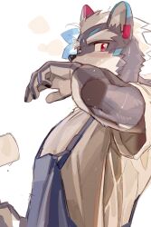 Rule 34 | 1boy, animal ears, apron, blue apron, commentary, furry, furry male, highres, holding paint roller, indie virtual youtuber, looking at viewer, male focus, oumaga wald, paint roller, red eyes, shirt, wasp (anthyutena), white background, white shirt, wiping face, wolf boy, wolf ears