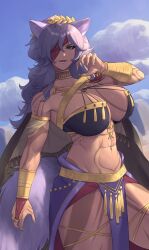 Rule 34 | 1girl, abs, bandage over one eye, blue sky, body markings, breasts, bridal gauntlets, cape, claw pose, cloud, commentary request, dark-skinned female, dark skin, eyelashes, fangs, fire emblem, fire emblem: radiant dawn, fire emblem heroes, green eyes, grey cape, highres, jewelry, large breasts, long hair, nailah (fire emblem), nailah (hatari) (fire emblem), navel, neck ring, nintendo, official alternate costume, open mouth, pelvic curtain, purple hair, purple tail, shou illust, sky, standing, tail
