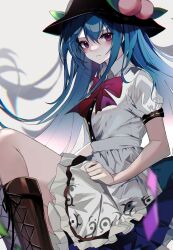Rule 34 | 1girl, black hat, blue hair, blue skirt, blush, boots, brown footwear, buttons, closed mouth, collared shirt, cross-laced footwear, feet out of frame, fruit hat ornament, hair between eyes, hat, hat ornament, highres, hinanawi tenshi, knee boots, kurozu piroo, lace-up boots, long hair, looking at viewer, peach hat ornament, puffy short sleeves, puffy sleeves, rainbow order, red eyes, shirt, short sleeves, simple background, skirt, solo, touhou, white background, white shirt