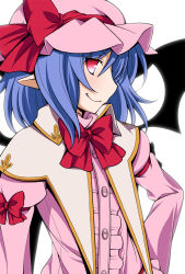 Rule 34 | 1girl, adapted costume, arm ribbon, bat wings, blue hair, bow, capelet, dress, eichi yuu, fang, hat, hat ribbon, juliet sleeves, long sleeves, mob cap, pink dress, pink eyes, pointy ears, profile, puffy sleeves, remilia scarlet, ribbon, simple background, smile, solo, touhou, white background, wings