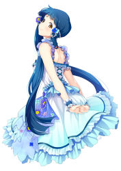 Rule 34 | 1girl, backless dress, backless outfit, blue hair, bubble skirt, choker, commentary request, dress, flower, frilled choker, frilled dress, frills, hair flower, hair ornament, highres, idolmaster, idolmaster million live!, kitakami reika, long hair, looking at viewer, looking back, low twintails, mikapoe, skirt, sleeveless, sleeveless dress, solo, twintails, very long hair, white dress, wrist cuffs, yellow eyes