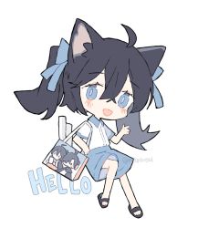 Rule 34 | 1girl, :d, ahoge, animal ears, artist name, bag, black footwear, black hair, blue bow, blue eyes, blue shorts, blush, bow, cat ears, chibi, collared shirt, commentary, crossed bangs, english commentary, english text, hair between eyes, hair bow, long hair, looking at viewer, melan (melanbread), melanbread, no nose, open mouth, original, sandals, shirt, shirt tucked in, shopping bag, short sleeves, shorts, shoulder bag, simple background, smile, solo, tareme, twintails, twitter username, watermark, white background, white shirt