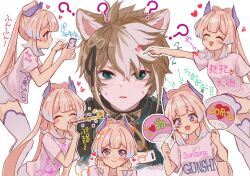 Rule 34 | 1boy, 1girl, ?, ^ ^, animal ears, blush, brown hair, cellphone, closed eyes, clothes writing, dog boy, dog ears, genshin impact, gorou (genshin impact), hair ornament, hand fan, heart, holding, holding phone, horns, long hair, multicolored hair, multiple views, nocknocktt, open mouth, party horn, phone, pink hair, purple eyes, sangonomiya kokomi, shirt, simple background, smartphone, smile, sweat, t-shirt, taking picture, thighhighs, translation request, very long hair, white background, white hair, white shirt