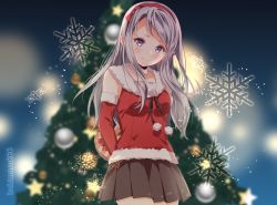 Rule 34 | 1girl, blurry, blurry background, blush, breasts, christmas ornaments, christmas tree, elbow gloves, fur trim, gloves, hairband, headband, kantai collection, kukimaru, long hair, looking at viewer, one-hour drawing challenge, pine tree, pleated skirt, pom pom (clothes), purple eyes, red gloves, red headband, red shirt, sagiri (kancolle), santa costume, shirt, silver hair, skirt, sleeveless, sleeveless shirt, small breasts, smile, snowflakes, solo, tree