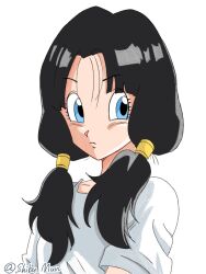 Rule 34 | 1girl, black hair, blue eyes, closed mouth, dragon ball, dragonball z, highres, long hair, looking at viewer, munbato (watari megumi), shirt, simple background, solo, twintails, videl, white background, white shirt