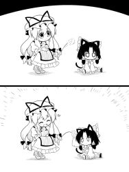 Rule 34 | 2girls, animal ears, arm rest, arm up, ascot, black hair, boots, bow, cat ears, cat tail, cat teaser, closed eyes, comic, detached sleeves, dress, futa (nabezoko), greyscale, hair tubes, hakurei reimu, hand on own cheek, hand on own face, happy, hat, hat bow, hat ribbon, heart, highres, image sample, jitome, kemonomimi mode, long hair, looking at another, md5 mismatch, mob cap, monochrome, multiple girls, open mouth, playing, resized, resolution mismatch, ribbon, shoes, short hair, sitting, skirt, sleeveless, smile, source larger, squatting, tabard, tail, touhou, white dress, yakumo yukari