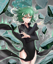 Rule 34 | 1girl, absurdres, black dress, breasts, collarbone, commentary request, curly hair, dress, floating, floating clothes, green eyes, green hair, highres, long sleeves, looking at viewer, navel, no panties, one-punch man, short hair, small breasts, solo, tatsumaki, telekinesis, yngh2445