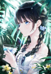 Rule 34 | 1girl, bare shoulders, blue eyes, blue flower, blurry, blurry background, bracelet, braid, commentary, cup, depth of field, dress, english commentary, flower, hair between eyes, hair flower, hair ornament, hair over shoulder, hands up, highres, holding, holding cup, iren lovel, jewelry, long hair, low twintails, mole, mole under eye, off-shoulder dress, off shoulder, original, parted lips, pearl bracelet, puffy short sleeves, puffy sleeves, revision, short sleeves, solo, transparent, twin braids, twintails, water drop, white dress, white flower