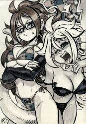 Rule 34 | 2girls, ahoge, alex ahad, android 21, bikini, black sclera, blush, breasts, checkered bikini, checkered clothes, cleavage, colored sclera, commentary, crossed arms, crotch rub, dark persona, detached sleeves, dragon ball, dragon ball fighterz, dual persona, ear piercing, earrings, english commentary, fang, glasses, highres, hoop earrings, jewelry, large breasts, long hair, majin android 21, multiple girls, nail polish, navel, open mouth, piercing, pun, red ribbon army, selfcest, sepia, side-tie bikini bottom, stomach, strap gap, strap slip, sweatdrop, swimsuit, tail, tongue, tongue out, underboob