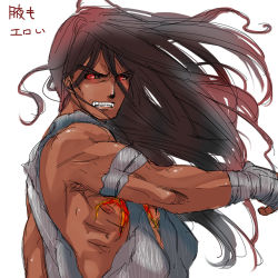 Rule 34 | 1boy, alternate costume, bad id, bad pixiv id, black hair, black sclera, colored sclera, dark-skinned male, dark persona, dark skin, dougi, evil ryu, eyebrows, fangs, hand wraps, long hair, male focus, messy hair, muscular, nose, red eyes, ryu (street fighter), scar, simple background, solo, street fighter, street fighter iv (series), teeth, thick eyebrows, torimeiro, torn clothes