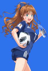 Rule 34 | 1girl, 2018 fifa world cup, adidas, aqua eyes, ass, ball, blue background, blush, bottle, bow, brown hair, clothes writing, facepaint, from behind, hair bow, high ponytail, highres, hino akane (idolmaster), holding, holding bottle, idolmaster, idolmaster cinderella girls, japan, japanese flag, long hair, looking at viewer, looking back, nigou, open mouth, ponytail, short sleeves, shorts, simple background, smile, soccer ball, soccer uniform, solo, sportswear, standing, sweat, water bottle, world cup