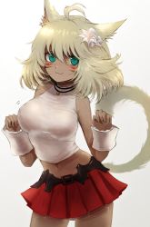 Rule 34 | 1girl, ahoge, animal ears, aqua eyes, arm warmers, bad id, bad twitter id, bare arms, bare shoulders, belt, belt buckle, black belt, blonde hair, breasts, buckle, cat ears, cat tail, claw pose, commentary request, cowboy shot, dark-skinned female, dark skin, facial mark, final fantasy, final fantasy xiv, flower, gradient background, grey background, hair between eyes, hair flower, hair ornament, hands up, highres, large breasts, looking at viewer, maho moco, midriff, miniskirt, miqo&#039;te, navel, pleated skirt, red skirt, skirt, smile, solo, standing, stomach, tail, thighs, white background, white flower