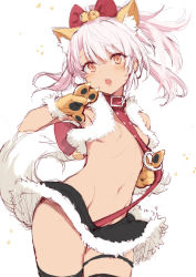 Rule 34 | 1girl, :o, animal ears, animal hands, bell, black skirt, black thighhighs, blush, breasts, chloe von einzbern, collar, contrapposto, cowboy shot, dark-skinned female, dark skin, fate/kaleid liner prisma illya, fate (series), female focus, fur trim, gloves, hair bell, hair ornament, hip focus, jingle bell, microskirt, nanananana, navel, open mouth, paw gloves, pink hair, ponytail, revealing clothes, simple background, sketch, skirt, small breasts, solo, thighhighs, thighs, white background, yellow eyes