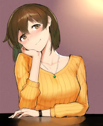Rule 34 | 1girl, alternate costume, blush, breasts, brown eyes, brown hair, closed mouth, collarbone, elbow rest, fingernails, gradient background, hair between eyes, head rest, head tilt, highres, hiryuu (kancolle), jewelry, kantai collection, long sleeves, looking at viewer, necklace, orange sweater, poco (backboa), ribbed sweater, ring, short hair, smile, solo, sweater, table, wedding band, wristband