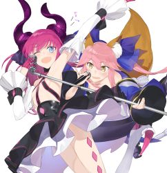 Rule 34 | 10s, 2girls, ;d, animal ears, armor, asymmetrical horns, blue eyes, blue legwear, blush, bow, breasts, corset, detached sleeves, dress, elizabeth bathory (fate), elizabeth bathory (fate/extra ccc), elizabeth bathory (first ascension) (fate), fate/extra, fate/extra ccc, fate/grand order, fate (series), fox ears, fox tail, hair bow, hair ribbon, hayashi kewi, horns, idol, japanese clothes, long hair, looking at viewer, microphone, microphone stand, multiple girls, music, one eye closed, open mouth, pantyhose, pink hair, plaid, plaid skirt, pointy ears, ribbon, singing, skirt, small breasts, smile, tail, tamamo (fate), tamamo no mae (fate/extra), two side up, uneven horns, vintage microphone, wavy mouth, yellow eyes