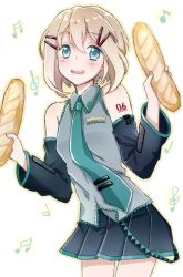 Rule 34 | 1girl, aoba moca, aqua necktie, baguette, bang dream!, blue eyes, bread, clothes writing, cosplay, cowboy shot, detached sleeves, food, grey hair, group name, hair ornament, hairpin, hatsune miku, hatsune miku (cosplay), holding, holding food, miniskirt, musical note, necktie, nekojarashi (r-grey), number tattoo, open mouth, outline, pleated skirt, short hair, shoulder tattoo, skirt, smile, solo, strap, tattoo, tie clip, treble clef, vocaloid