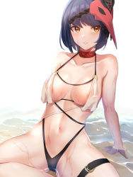 Rule 34 | 1girl, absurdres, areola slip, arm support, bare arms, bare shoulders, black hair, blush, breasts, choker, collarbone, duplicate, genshin impact, halterneck, haneramu, highleg, highleg swimsuit, highres, in water, kujou sara, mask, mask on head, medium breasts, multiple straps, navel, o-ring, o-ring swimsuit, orange eyes, pixel-perfect duplicate, red choker, see-through silhouette, short hair, simple background, sitting, solo, swimsuit, thigh strap, water, wet, wet clothes, wet swimsuit, white background